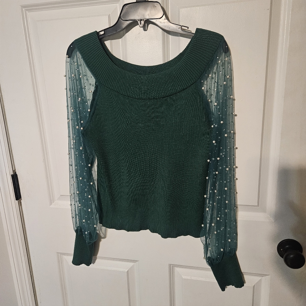 Cato Green Pearl-Embellished Off-the-Shoulder Sweater